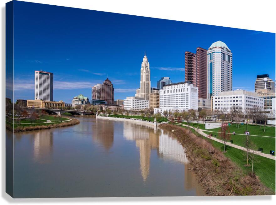 Columbus Ohio waterfront skyline after flood on river scioto Canvas Print