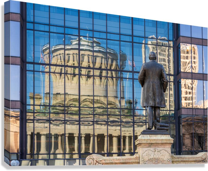 Reflection of McKinley statue and State Capitol building in Colu Canvas Print
