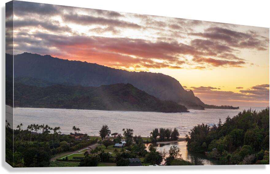 Dramatic aerial view of sunset over Hanalei Bay landscape Canvas Print