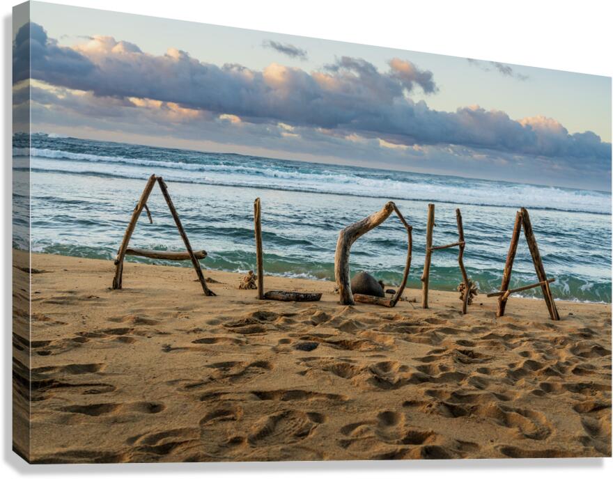 A driftwood greeting spells out a warm welcome with Aloha Kauai Canvas Print