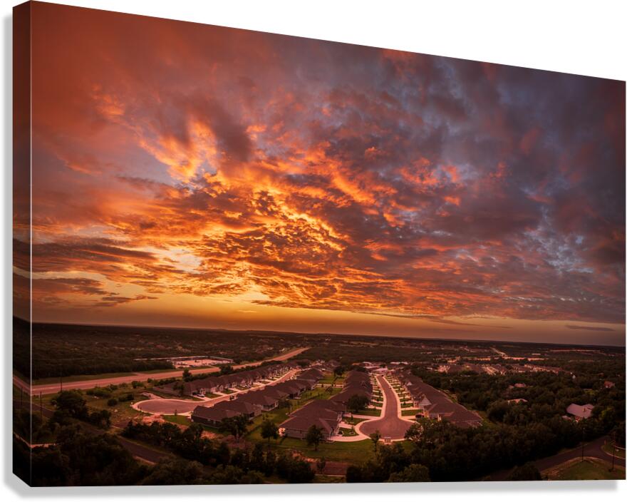 Dramatic sunset seen from drone over Georgetown Texas residentia Canvas Print