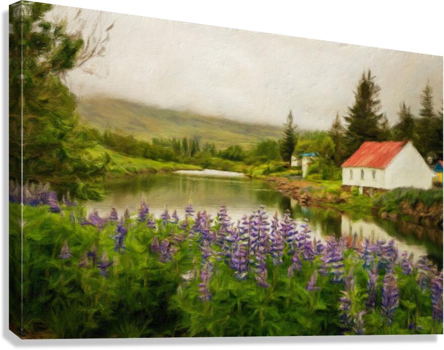 Peaceful scene in Seydisfjordur of river flowing from misty moun Canvas Print