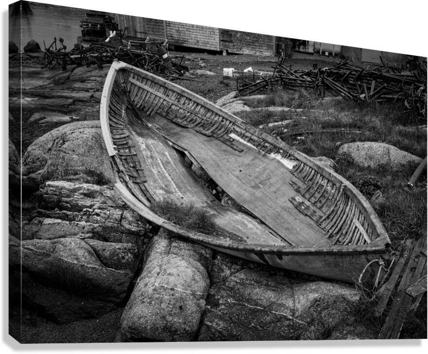 Monochrome abandoned rowing boat in Peggys Cove Canvas Print