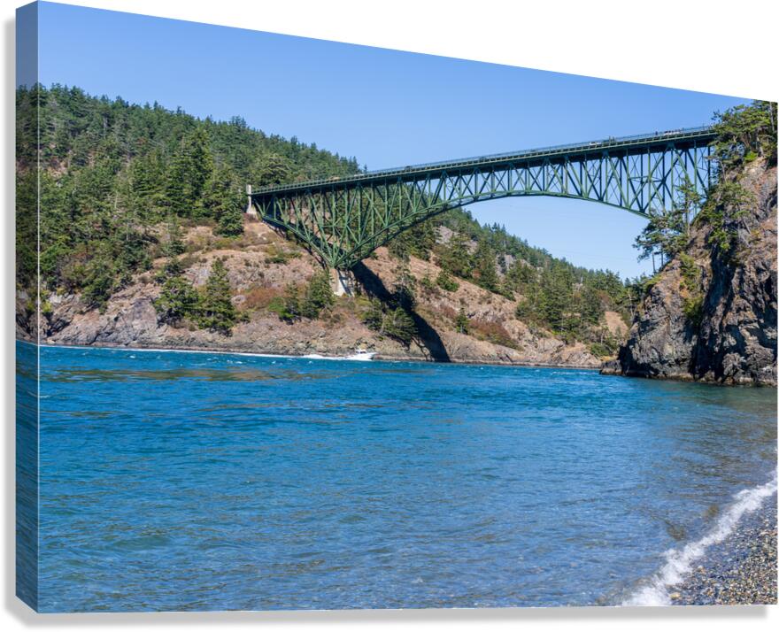 Turbulent water of Deception Pass under historic cantilevered br Canvas Print