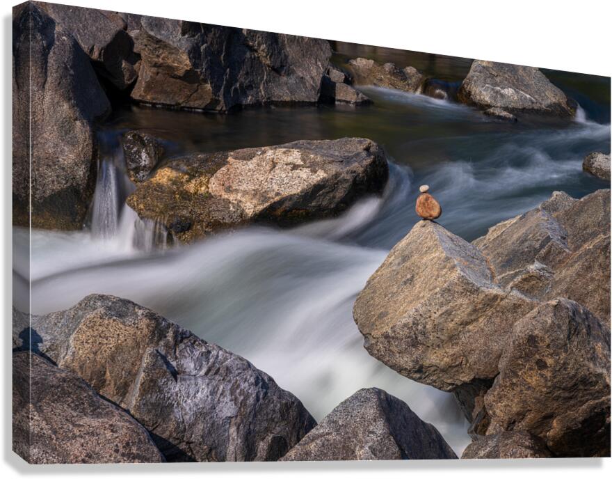 Pebbles balanced on rocks in raging river illustrating resilienc Canvas Print