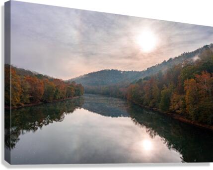 Calm Tygart River by Valley Falls on a misty autumn day  Canvas Print