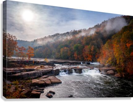 Sun rising over Valley Falls on a misty autumn day  Canvas Print