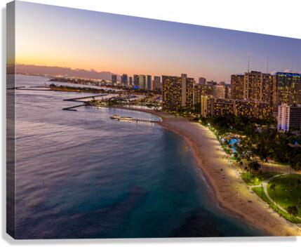Aerial view of Waikiki beach at sunset  Canvas Print