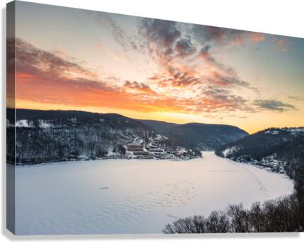 Aerial sunrise over frozen Cheat Lake Morgantown Canvas Print