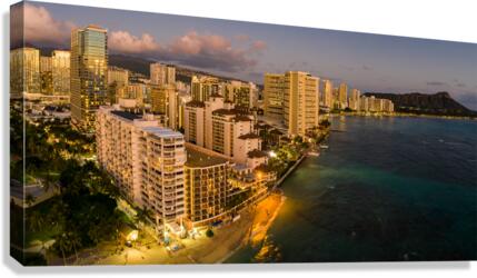 Aerial view of Waikiki beach towards Diamond Head at sunset   Canvas Print