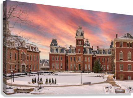 Sunset over snow covered Woodburn Hall at WVU  Impression sur toile