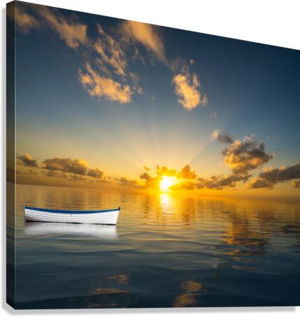 White rowing boat adrift on open ocean drifting to sunset  Canvas Print