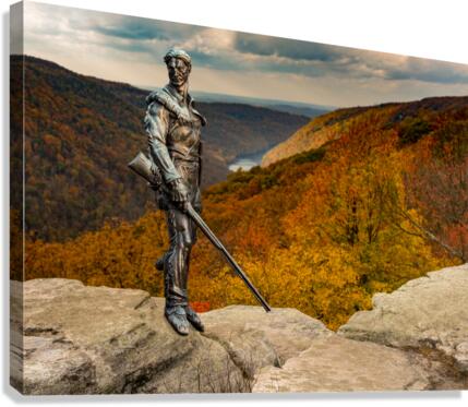 Mountaineer statue from WVU with fall leaves in West Virginia  Impression sur toile