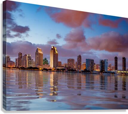 San Diego skyline at dusk reflected in sea  Canvas Print