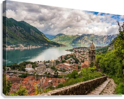 Steep path by church above Old town of Kotor  Canvas Print