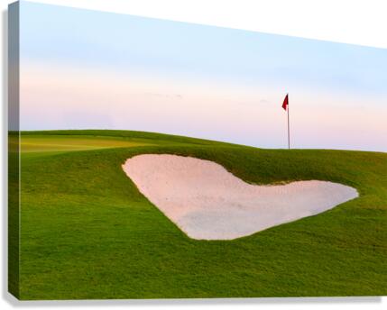 Heart shaped sand bunker in front of golf green  Canvas Print