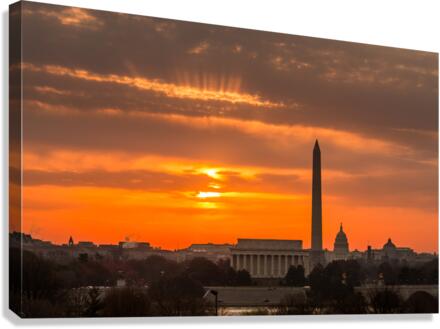 Fiery sunrise over monuments of Washington  Canvas Print