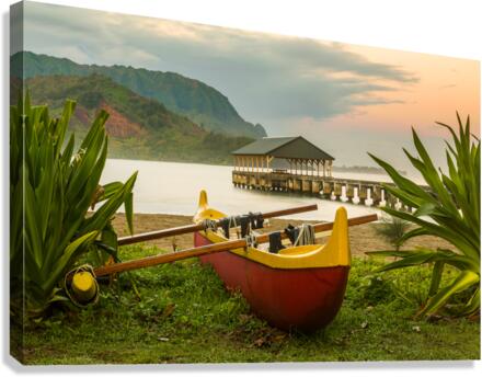 Hawaiian canoe by Hanalei Pier  Impression sur toile