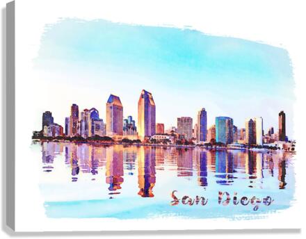 Watercolor painting of San Diego Skyline at sunset from Coronado  Impression sur toile