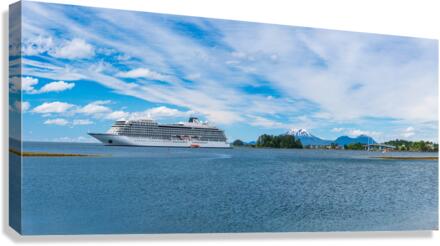 Mt Edgecumbe rises above Sitka with Viking cruise ship anchored  Canvas Print