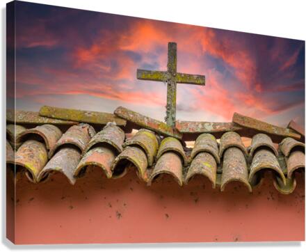 Wooden cross against brilliant sunrise at mission in California  Impression sur toile