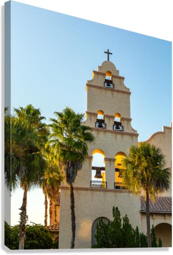 Spanish mission style church tower at sunset  Canvas Print