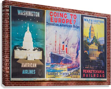 Three antique travel posters on the wall  Canvas Print