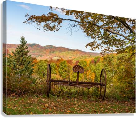 Horse drawn rake by fall colors in Vermont  Canvas Print