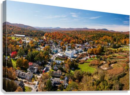Aerial view of the town of Stowe in the fall  Canvas Print