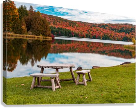 Wooden table and stools by Silver Lake Vermont  Canvas Print