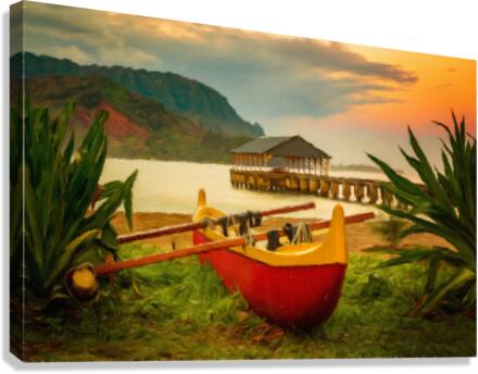 Painting of Hawaiian canoe by Hanalei Pier  Canvas Print