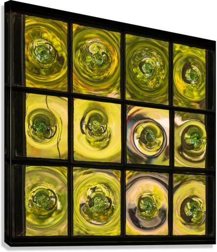 Window of old crown glass panes reflected garden  Canvas Print