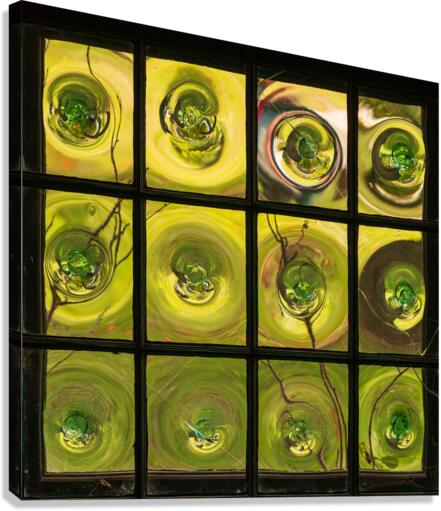 Window of old crown glass panes reflected garden  Canvas Print