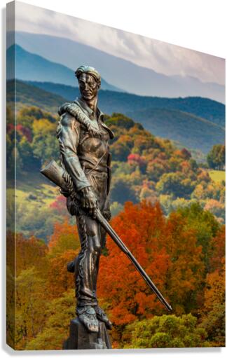 Mountaineer statue from WVU with fall leaves in West Virginia  Canvas Print
