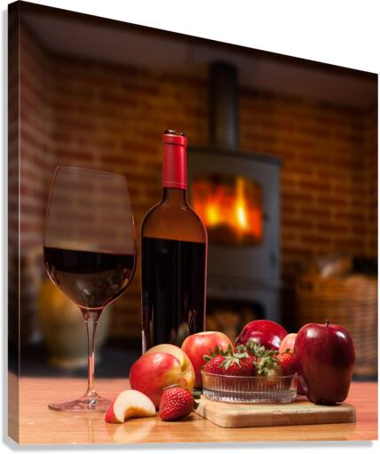 Red wine bottle and fruit with glass  Impression sur toile