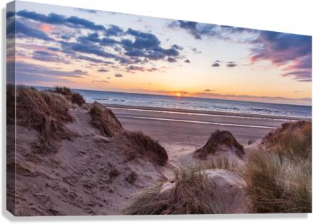 Sunset over Formby Beach through dunes  Canvas Print
