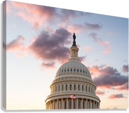 Flag flies in front of Capitol in DC at sunrise  Canvas Print
