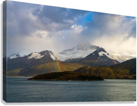 Panorama of Holanda glacier by Beagle channel with rainbow  Canvas Print