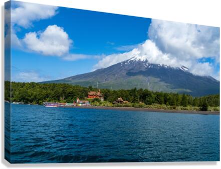 Petrohue harbor and docks by the Osorno volcano in Chile  Canvas Print