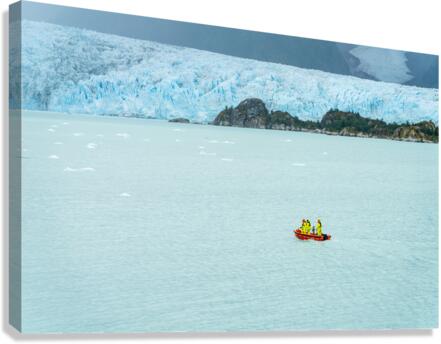 Small boat approaching Amalia Glacier to collect iceberg  Canvas Print