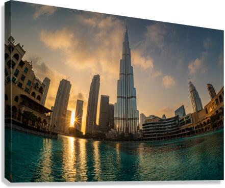 Sunset over the towers of Dubai downtown business district  Canvas Print
