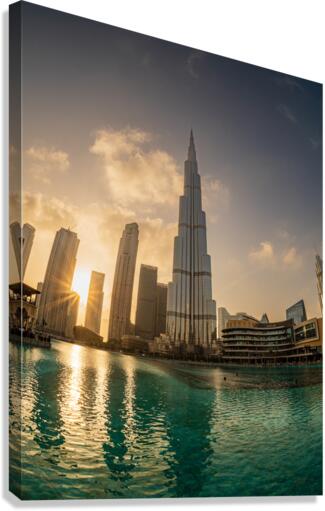 Sunset over the Dubai downtown business district  Canvas Print