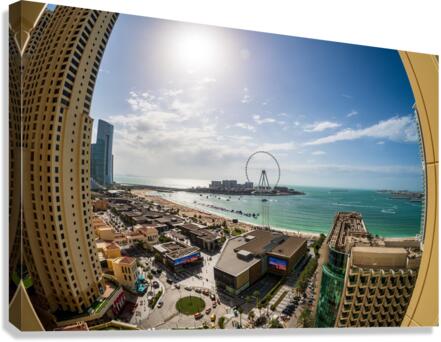 Fisheye view of Dubai observation wheel on Bluewaters Island  Canvas Print