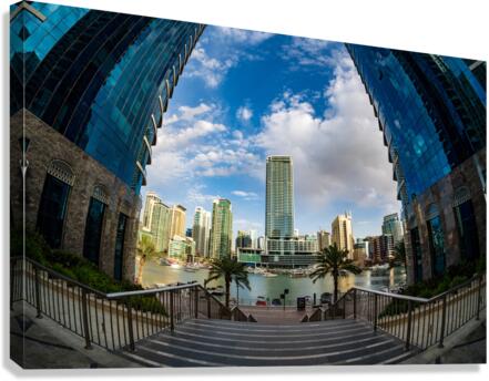 Fisheye view of tall buildings on waterfront at Dubai Marina  Canvas Print