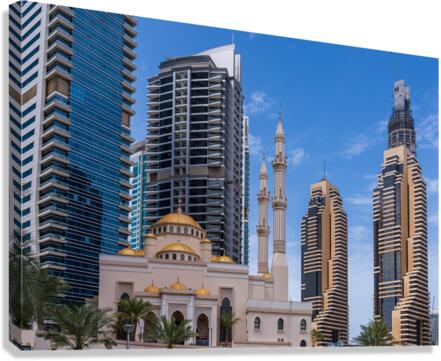 Mosque among towers on the waterfront at Dubai Marina UAE  Impression sur toile