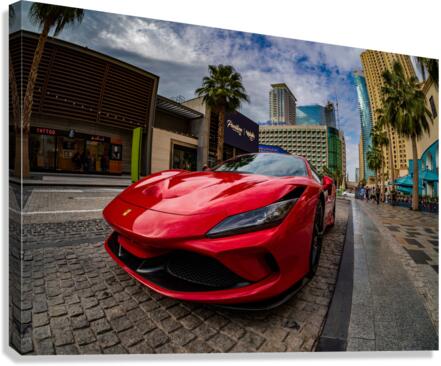 Red Ferrari parked in JBR Beach area of Dubai for rental  Impression sur toile