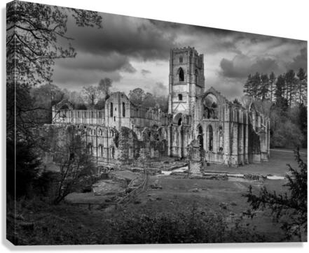Monochrome view of Fountains Abbey ruins in Yorkshire England  Canvas Print
