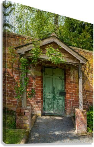 Painted green door and porch in walled garden wall  Impression sur toile