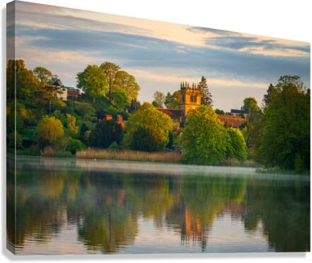 Sunset view across Ellesmere Mere in Shropshire to church  Impression sur toile