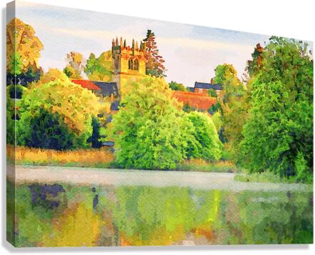 Watercolor across Ellesmere Mere in Shropshire to church  Canvas Print